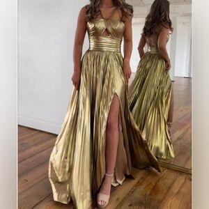 Sherri Hill Metallic Gold Pleated Prom Gown with High Slit